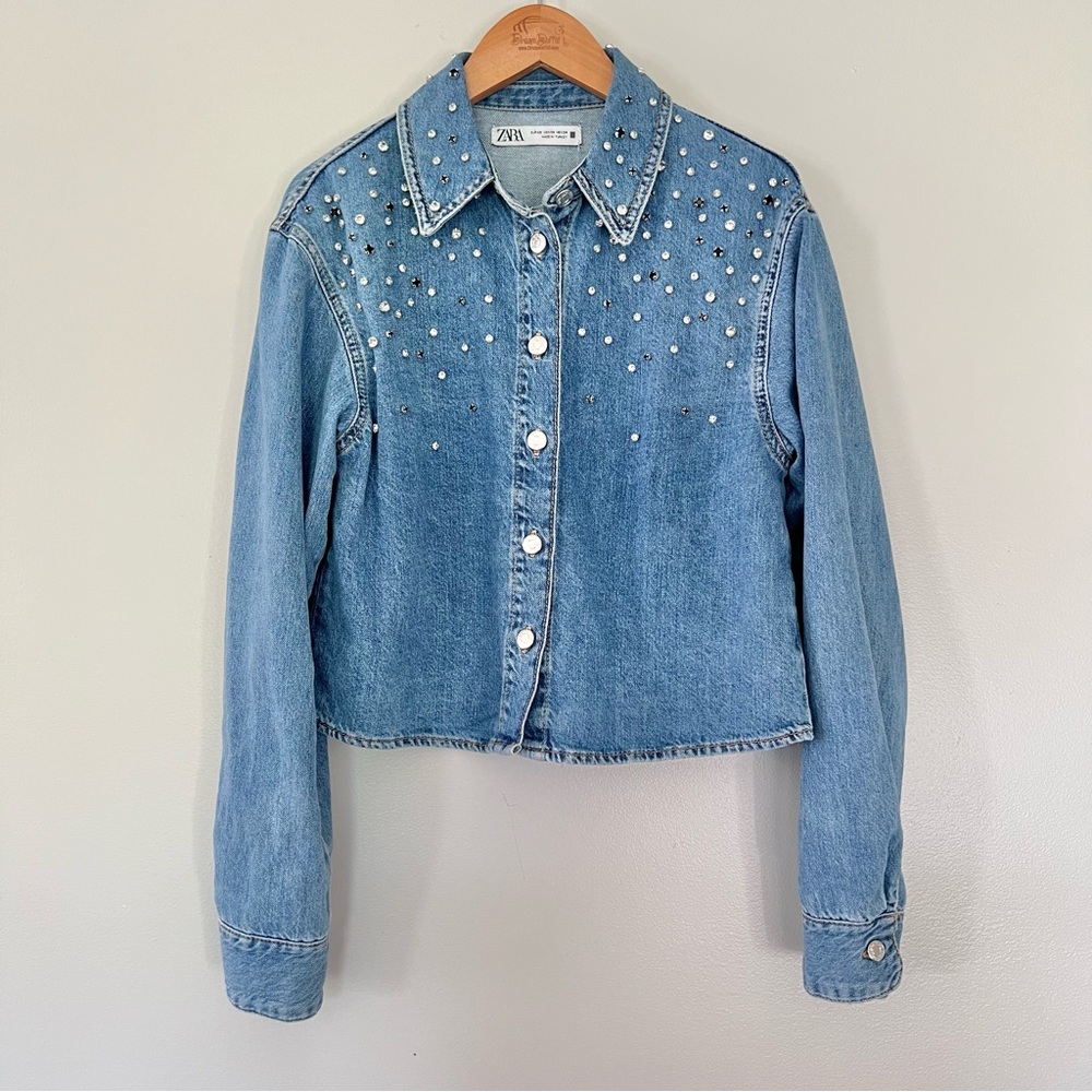 Zara Demin Rhinestone Button Down Shirt Jean Jacket Embellished Long Sleeve - Picture 3 of 10